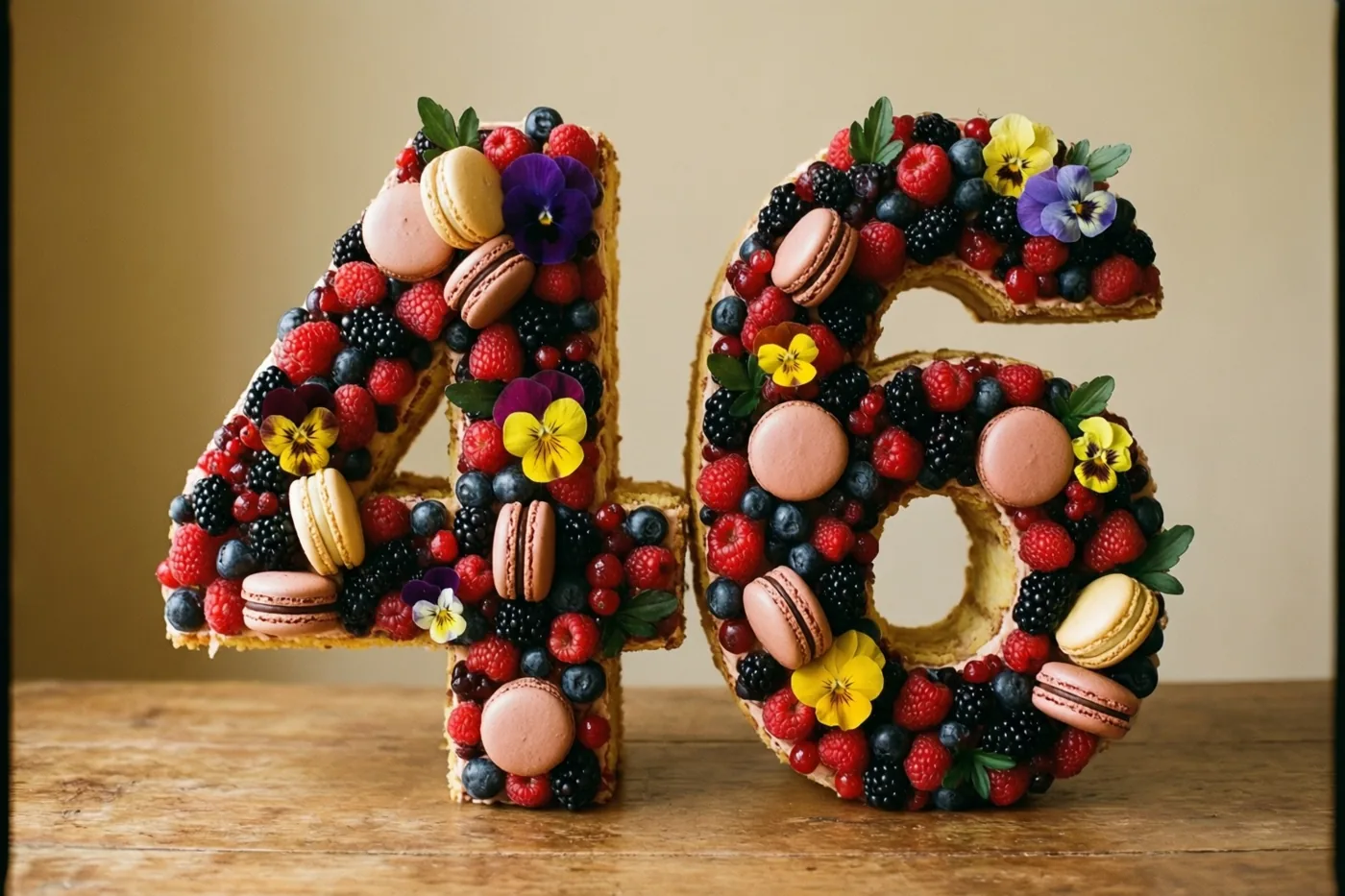 Een taart in de vorm van 46 is versierd met bessen, macarons en eetbare bloemen en staat op een houten ondergrond.