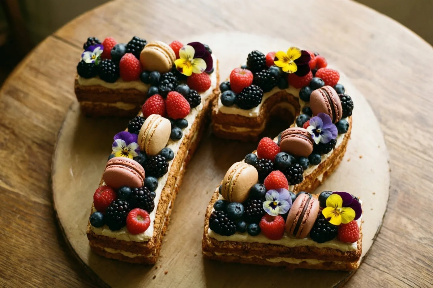 Een taart in de vorm van 72 met frambozen, bramen, blauwe bessen, macarons en eetbare bloemen staat op een houten ondergrond.