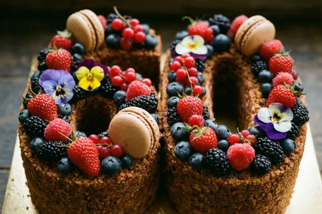 Een taart in de vorm van 60 ligt op een houten ondergrond en is versierd met verse bessen, macarons en eetbare bloemen.