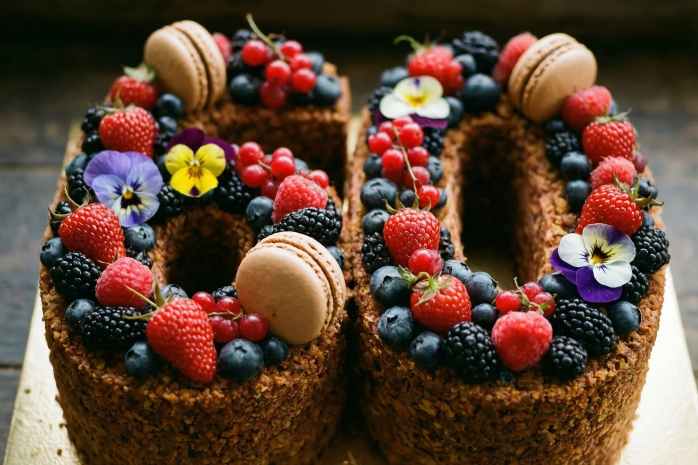 Een taart in de vorm van 60 ligt op een houten ondergrond en is versierd met verse bessen, macarons en eetbare bloemen.