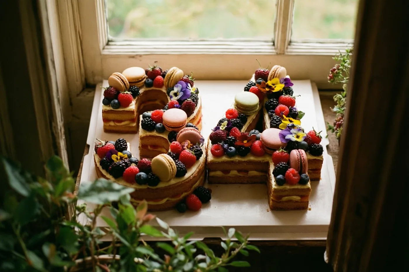 Een taart in de vorm van 34 staat op een vensterbank, versierd met bessen, macarons en eetbare bloemen, met groen op de voorgrond en achtergrond.