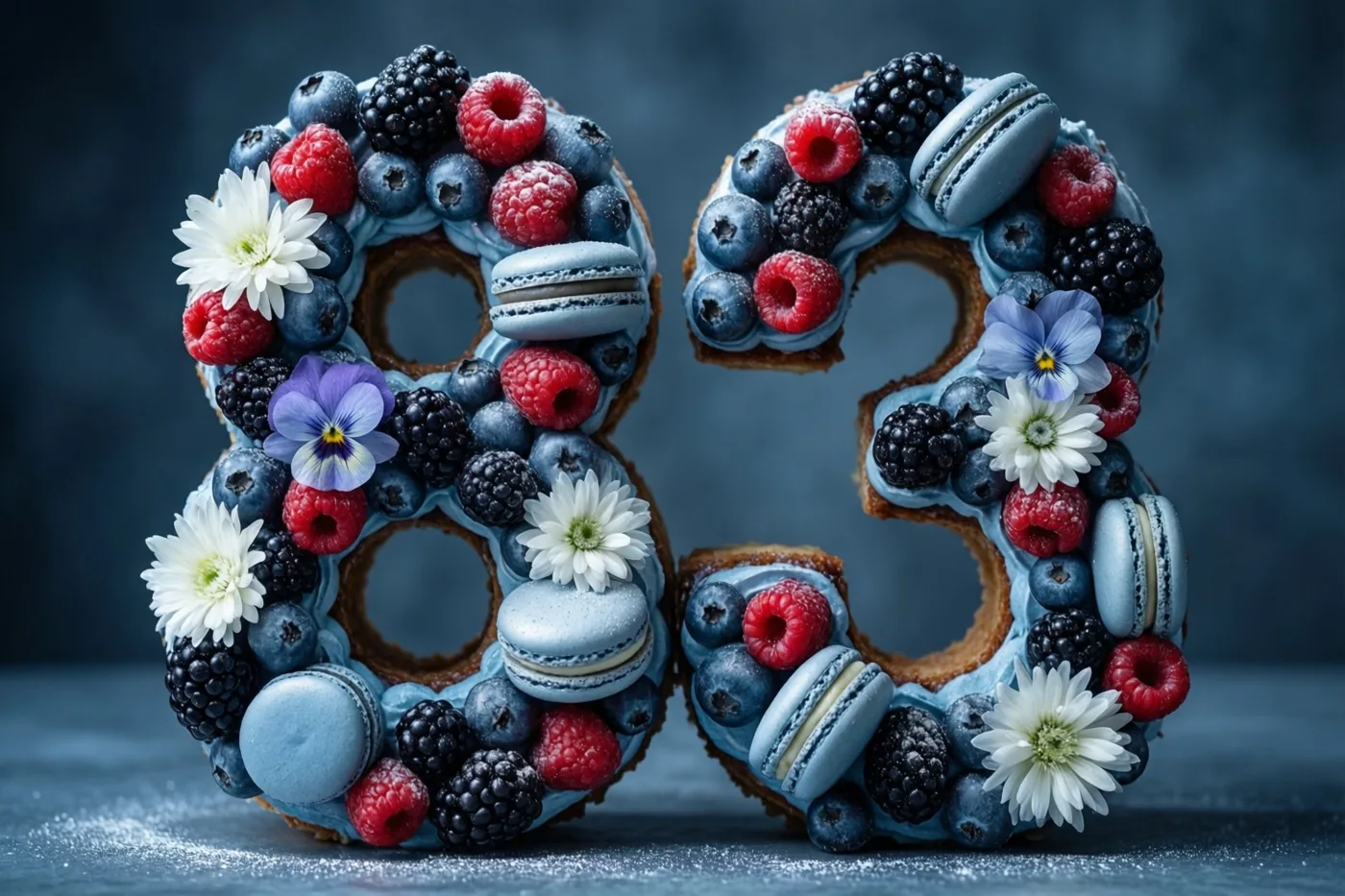 Een taart in de vorm van 83 met blauwe bessen, frambozen, bramen, blauwe macarons en witte en paarse eetbare bloemen staat op een donkerblauw oppervlak tegen een donkerblauwe achtergrond.