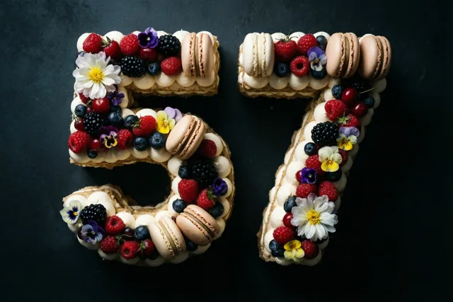 Een taart in de vorm van 57 is versierd met bessen, macarons en eetbare bloemen tegen een donkere achtergrond, met rood, zwart en wit als hoofdkleuren.