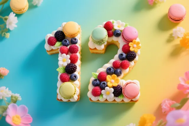 Een taart in de vorm van 12 is versierd met bessen, macarons en eetbare bloemen, tegen een achtergrond met kleurverloop en losse bloemen en macarons.