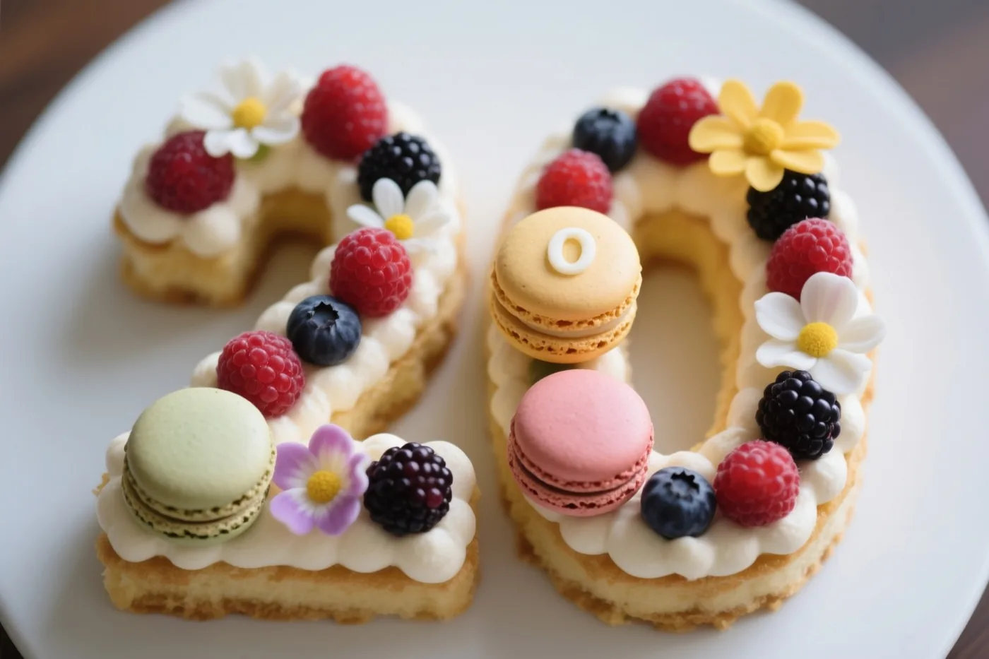 Een taart in de vorm van 20 met frambozen, bramen, blauwe bessen, macarons en eetbare bloemen staat op een wit bord.