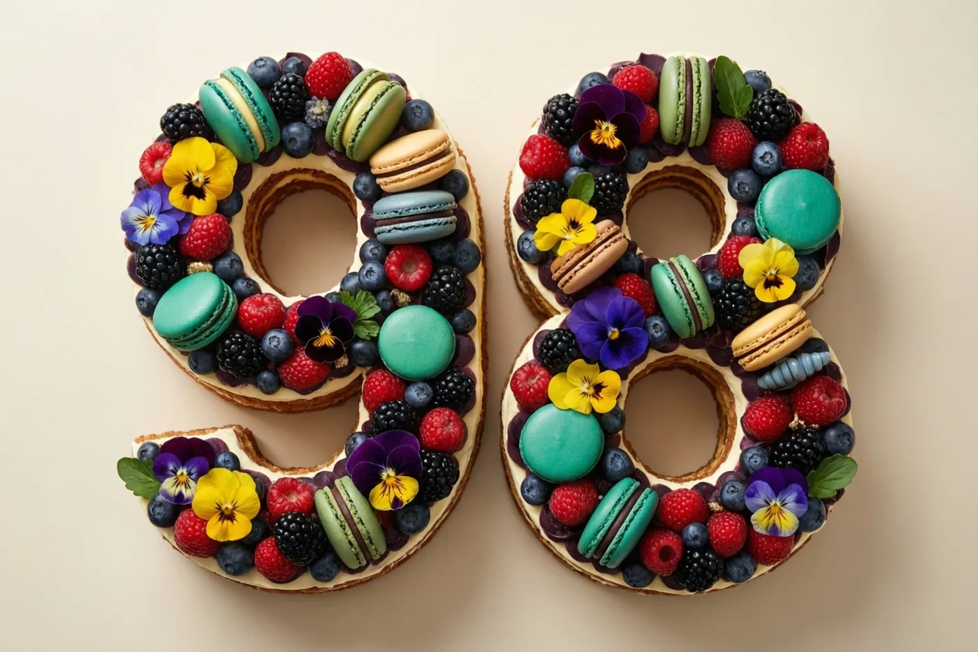 Een taart in de vorm van 98 met bessen, macarons en eetbare bloemen is van bovenaf gefotografeerd tegen een effen beige achtergrond.