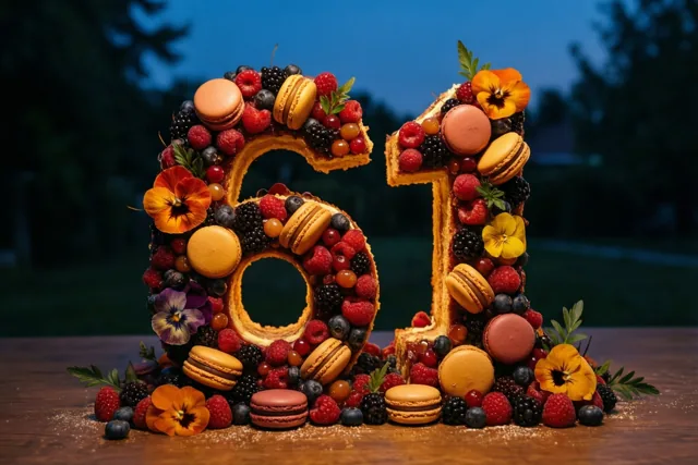 Een taart in de vorm van 61 met frambozen, bramen, macarons en eetbare bloemen staat op een houten tafel tegen een donkere avondachtergrond.