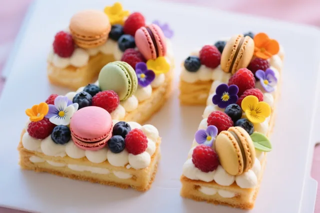 Een cijfertaart in de vorm van 21 met frambozen, blauwe bessen, macarons en eetbare bloemen ligt op een wit bord in helder licht.