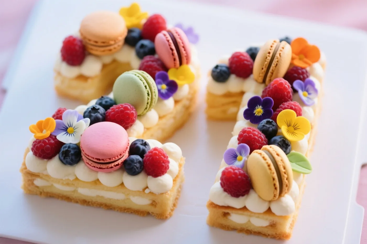 Een cijfertaart in de vorm van 21 met frambozen, blauwe bessen, macarons en eetbare bloemen ligt op een wit bord in helder licht.