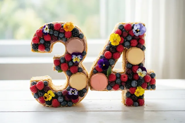 Een taart in de vorm van 34 met frambozen, blauwe bessen, bramen, macarons en eetbare bloemen staat op een wit houten oppervlak voor een licht raam.