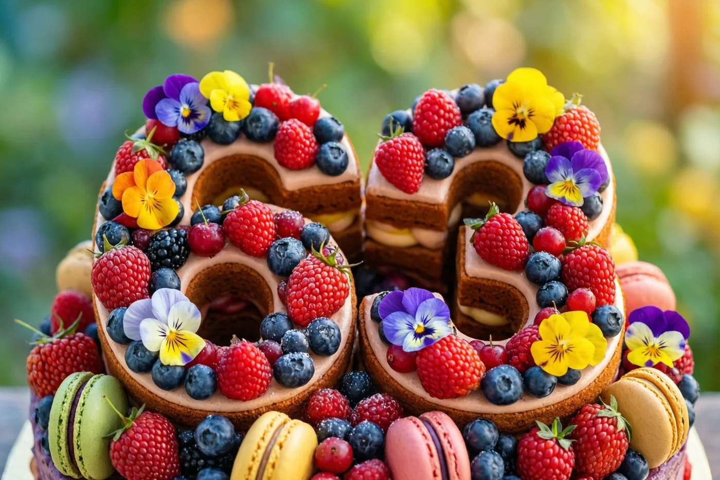 Een taart in de vorm van 63 met frambozen, blauwe bessen, eetbare bloemen en macarons staat buiten tegen een onscherpe groen-gele achtergrond.