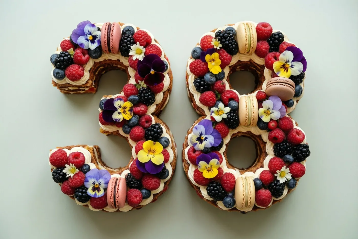 Een taart in de vorm van 38 met frambozen, bramen, blauwe bessen, macarons en eetbare bloemen staat tegen een effen lichtgrijze achtergrond.