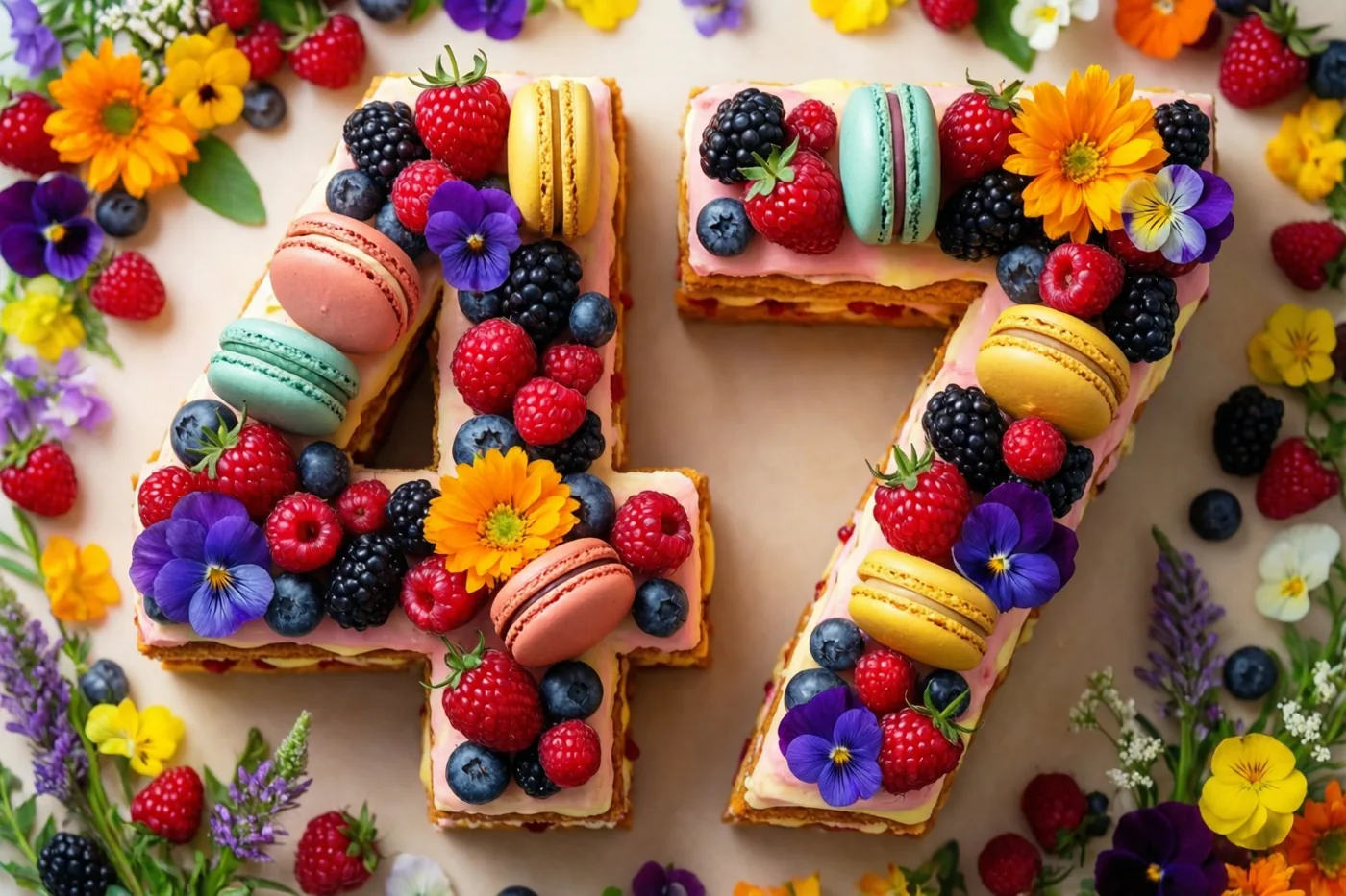 Een taart in de vorm van 47 met frambozen, bramen, blauwe bessen, macarons en eetbare bloemen staat op een lichtbeige ondergrond met losse bessen en bloemen eromheen.