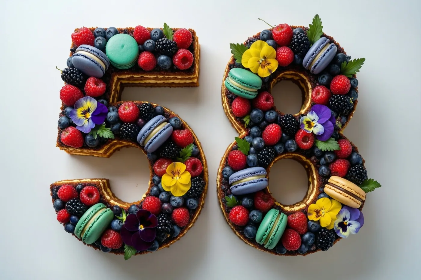 Een taart in de vorm van 58 is versierd met frambozen, blauwe bessen, bramen, macarons en eetbare bloemen tegen een witte achtergrond.