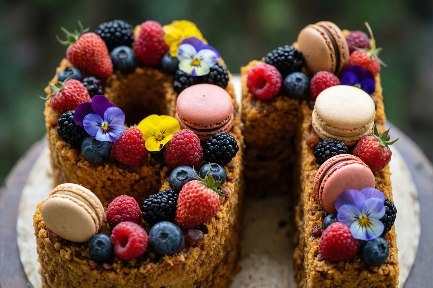 Een taart in de vorm van 91 met aardbeien, frambozen, bramen, blauwe bessen, macarons en eetbare bloemen staat op hout tegen een onscherpe groene achtergrond.
