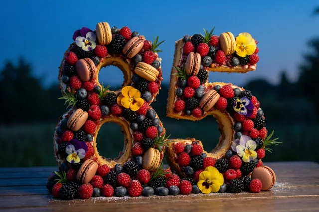 Een taart in de vorm van 85 met frambozen, bramen, blauwe bessen, macarons en eetbare bloemen staat op een houten tafel tegen een schemerhemel.
