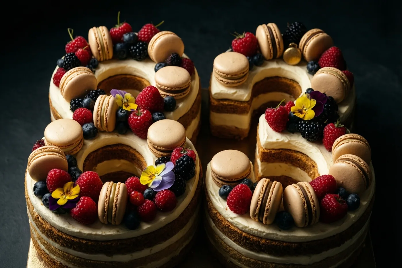 Een taart in de vorm van 83 is versierd met frambozen, bramen, blauwe bessen, pastelkleurige macarons en eetbare bloemen tegen een donkere achtergrond.