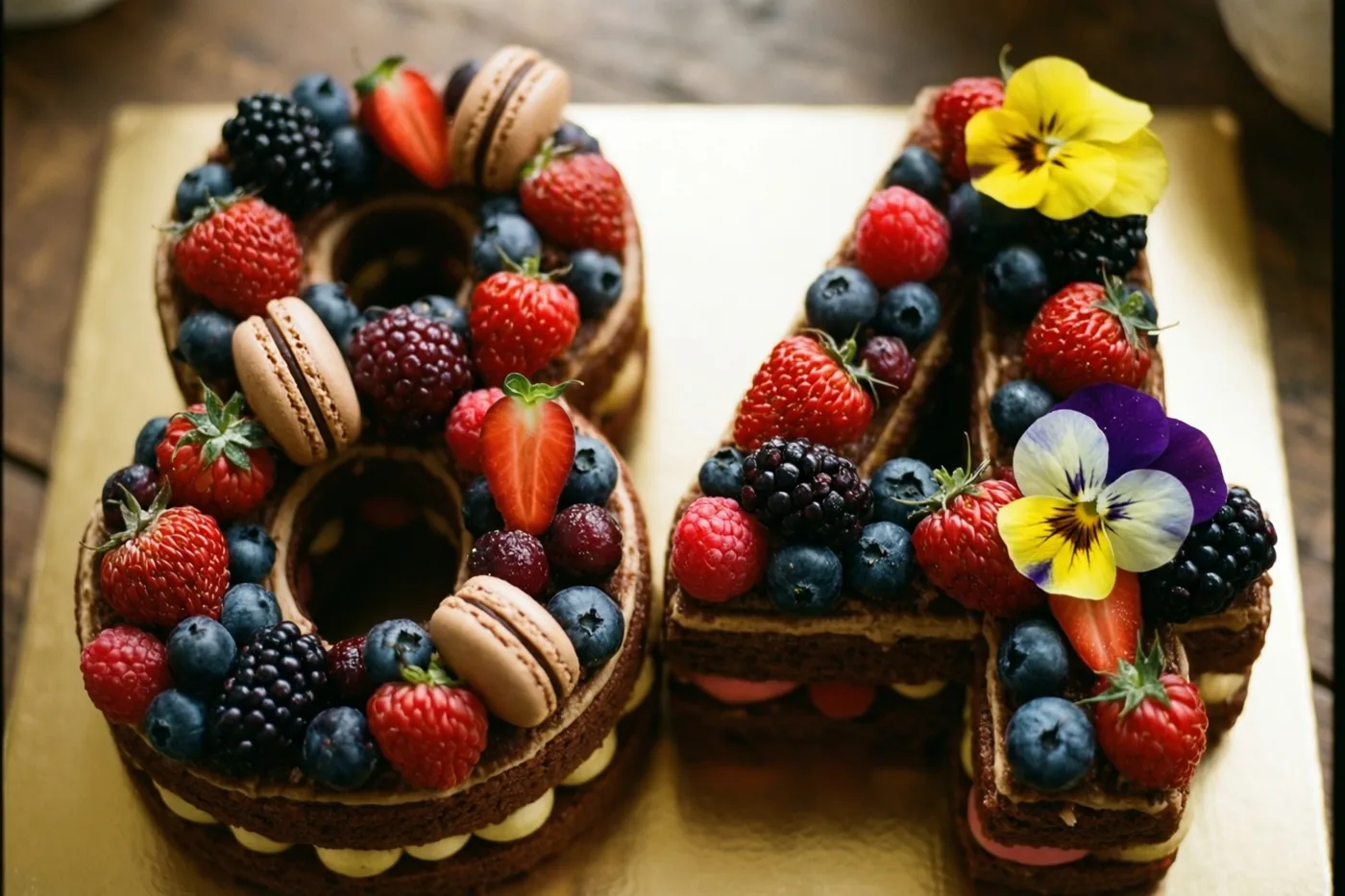 Een taart in de vorm van 84 is versierd met aardbeien, frambozen, blauwe bessen, bramen, macarons en eetbare bloemen op een goudkleurige ondergrond voor een houten achtergrond.