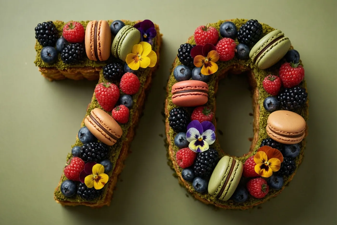 Een taart in de vorm van 70 is versierd met frambozen, bramen, blauwe bessen, macarons en eetbare bloemen tegen een effen olijfgroene achtergrond.