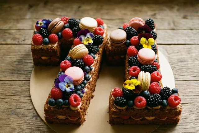 Een taart in de vorm van 71, versierd met frambozen, bramen, blauwe bessen, macarons en eetbare bloemen, staat op een houten ondergrond.