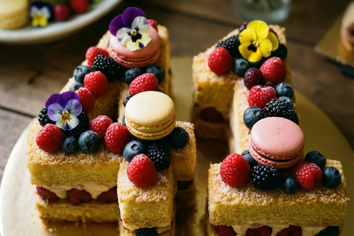 Een taart in de vorm van 41 met frambozen, bramen, blauwe bessen, macarons en eetbare bloemen staat op een houten tafel in warm licht.