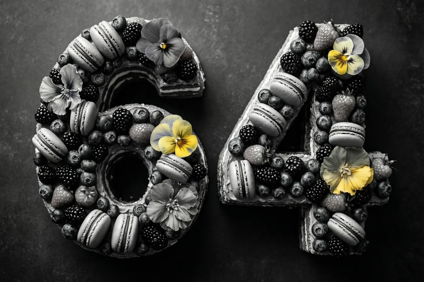 Een taart in de vorm van 64 met bessen, macarons en eetbare bloemen staat tegen een donkere achtergrond met structuur, grotendeels in zwart-wit met enkele gele en paarse bloemen in kleur.