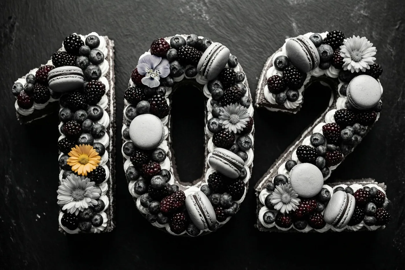 Een taart in de vorm van 102 met bessen, macarons en eetbare bloemen staat tegen een donkere leisteenachtergrond, in zwart-wit met één gele bloem in kleur.
