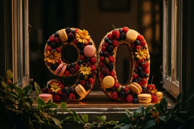 Een taart in de vorm van 90 staat op een vensterbank met frambozen, bramen, macarons en eetbare gele bloemen, in warm goudkleurig licht met groen onderaan.