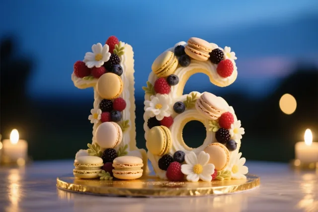 Een taart in de vorm van 16 met macarons, bessen en eetbare bloemen staat tegen een schemerlucht, met brandende kaarsen ernaast.