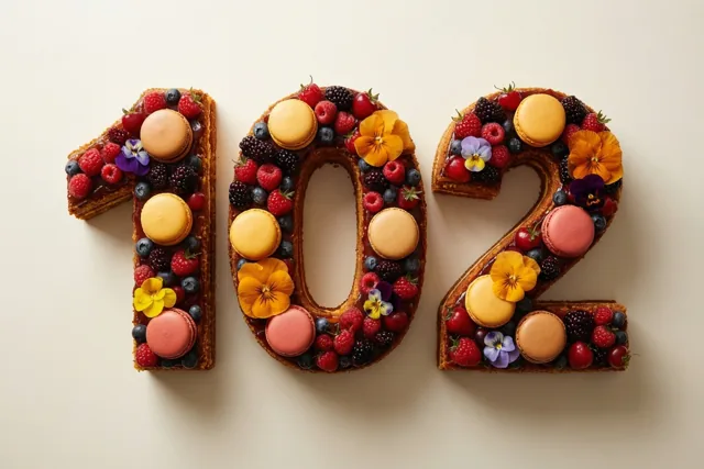 Een taart in de vorm van 102 is versierd met bessen, macarons en eetbare bloemen tegen een effen gebroken witte achtergrond.