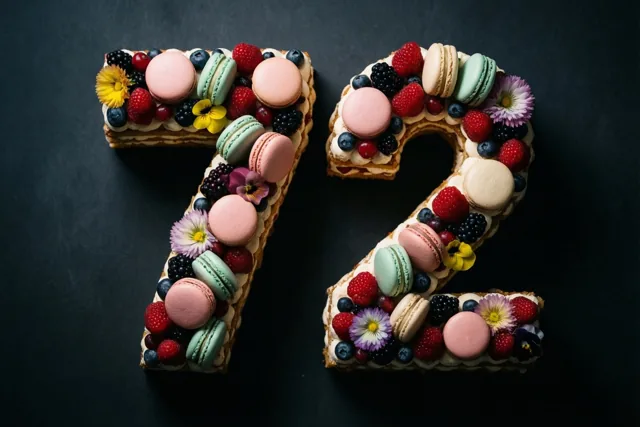 Een taart in de vorm van 72 met kleurrijke macarons, verse bessen en eetbare bloemen staat tegen een donkere achtergrond.