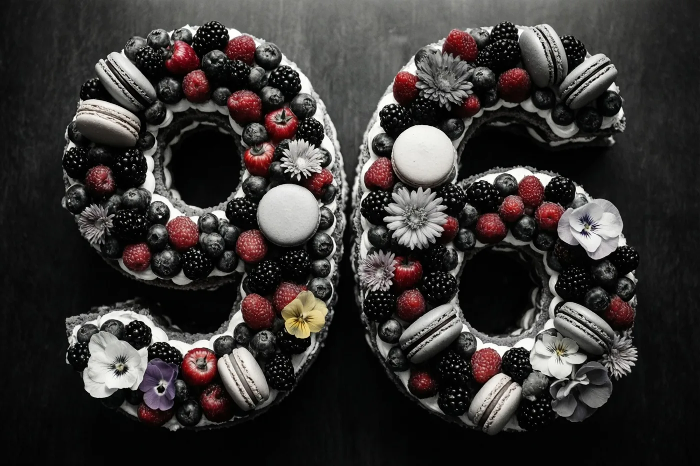 Twee taarten in de vorm van een 9 en een 6 zijn versierd met bessen, macarons en eetbare bloemen tegen een donkere achtergrond, waarbij rode en gele kleuren opvallen tussen monochrome delen.