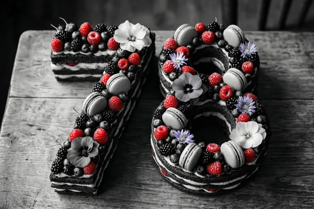 Taartstukken in de vorm van een 7 en een 8 liggen op een rustieke houten ondergrond met frambozen, bramen, macarons en eetbare bloemen, waarbij rood opvalt tegen een zwart-witte achtergrond.