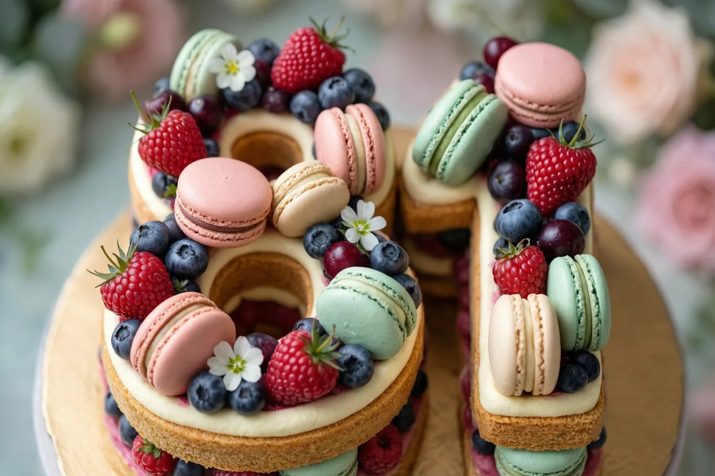 Een taart in de vorm van 81 met frambozen, blauwe bessen, roze en groene macarons en kleine witte eetbare bloemen staat op een houten plank.