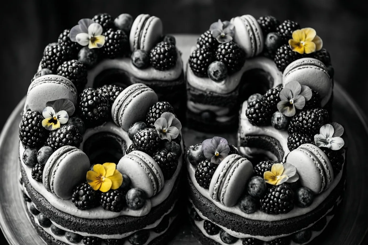 Een taart in de vorm van 63 met bramen, blauwe bessen, macarons en eetbare bloemen staat op een donker bord, waarbij de bloemen door een kleureffect opvallen.