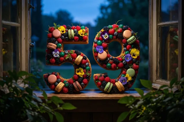 Een taart in de vorm van 59 met bessen, macarons en eetbare bloemen staat op een houten vensterbank met zicht op een tuin in de schemering en groen rond het beeld.