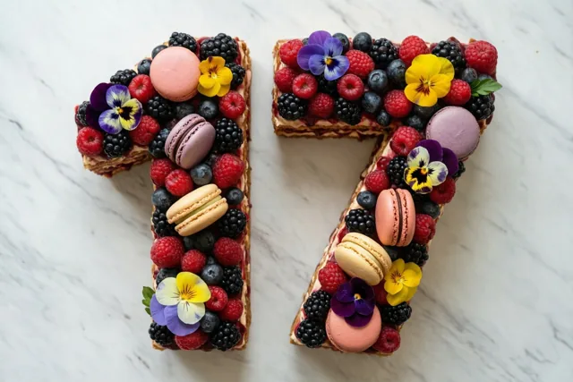 Een taart in de vorm van 17 met frambozen, bramen, blauwe bessen, macarons en eetbare viooltjes ligt op een wit marmeren ondergrond.