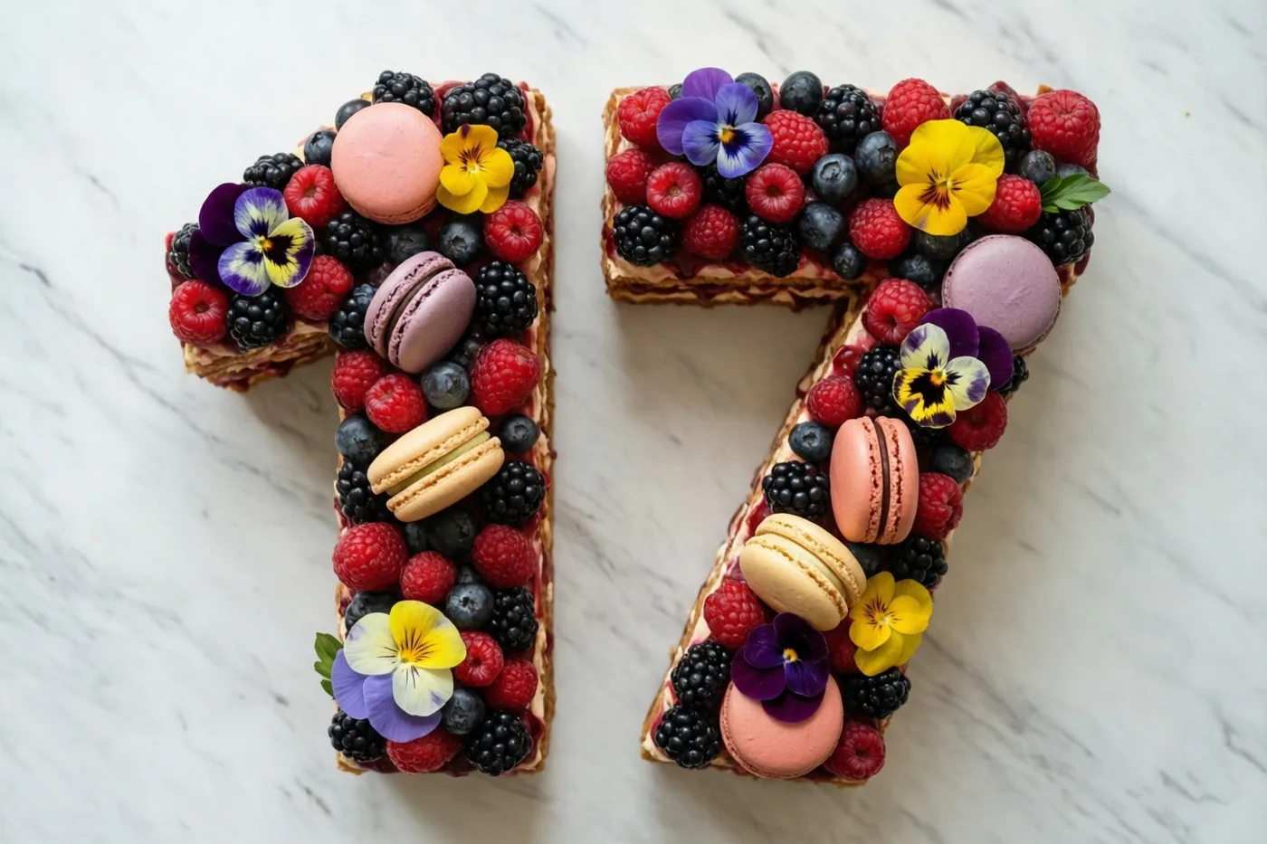 Een taart in de vorm van 17 met frambozen, bramen, blauwe bessen, macarons en eetbare viooltjes ligt op een wit marmeren ondergrond.