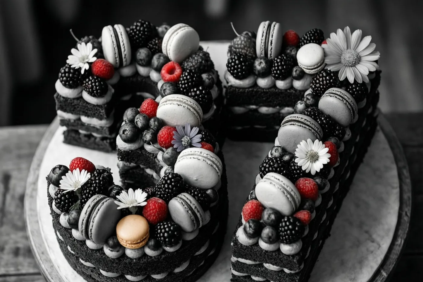 Een taart in de vorm van 37 met bramen, frambozen, blauwe bessen, witte macarons en witte eetbare bloemen staat op een wit bord tegen een donkere wazige achtergrond.