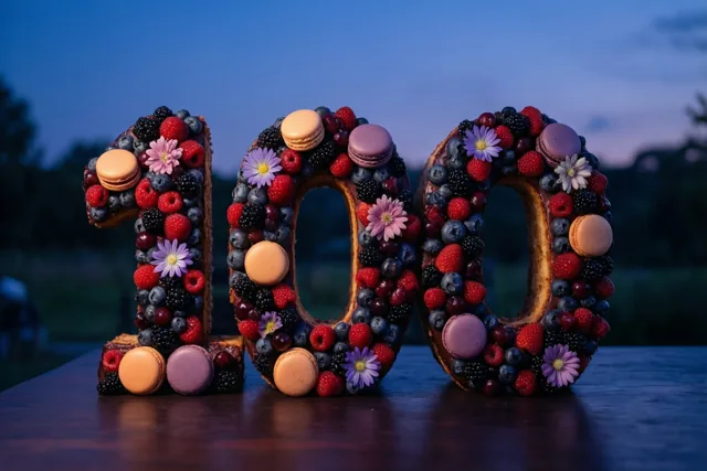 Een taart in de vorm van 100 met bessen, macarons en eetbare bloemen staat op een donkere tafel tegen een schemerhemel.