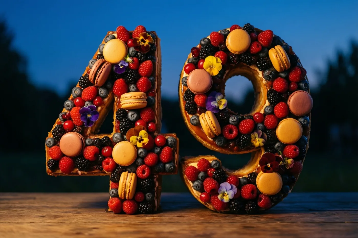 Een taart in de vorm van 49 met bessen, macarons en eetbare bloemen staat op een houten ondergrond tegen een schemerlucht.