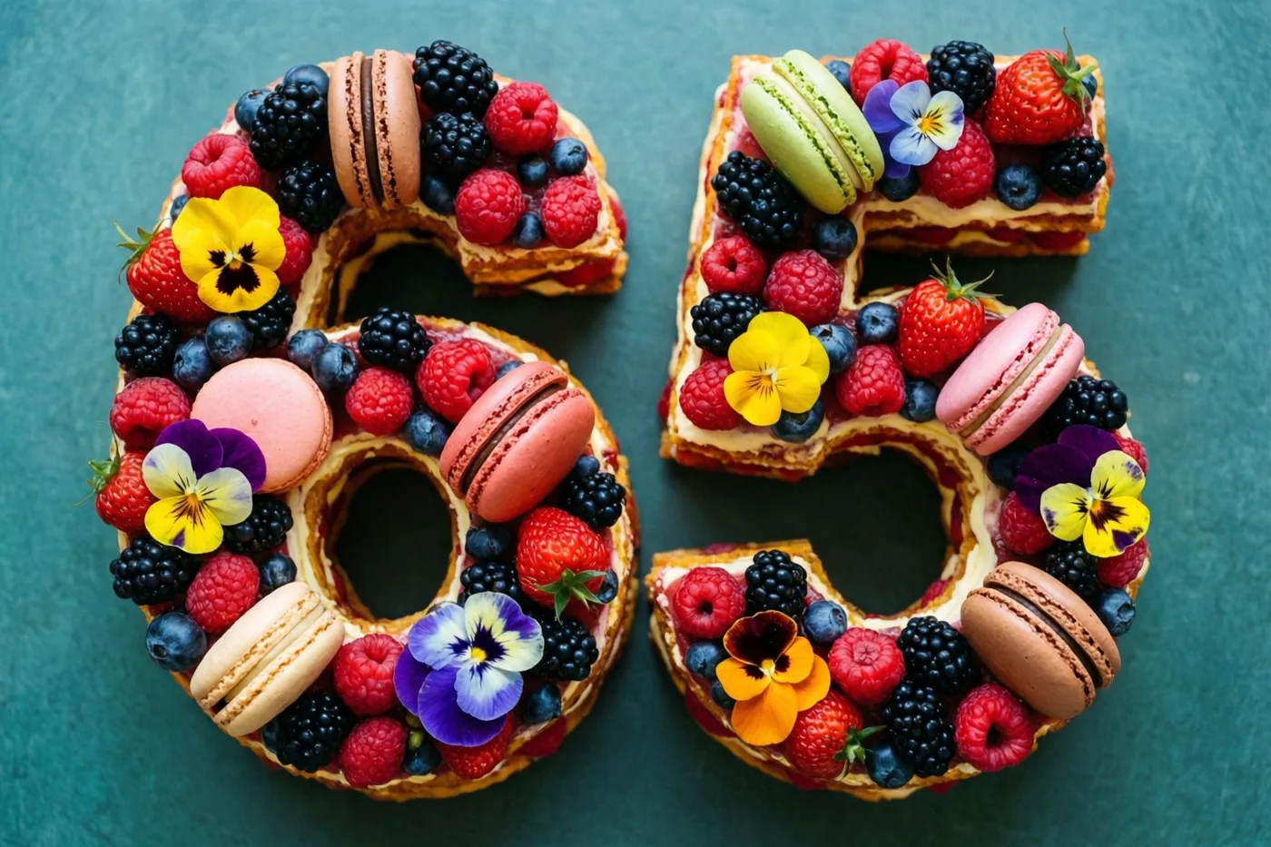 Een taart in de vorm van 65 met frambozen, bramen, aardbeien, blauwe bessen, macarons en eetbare bloemen staat tegen een effen blauwgroene achtergrond.