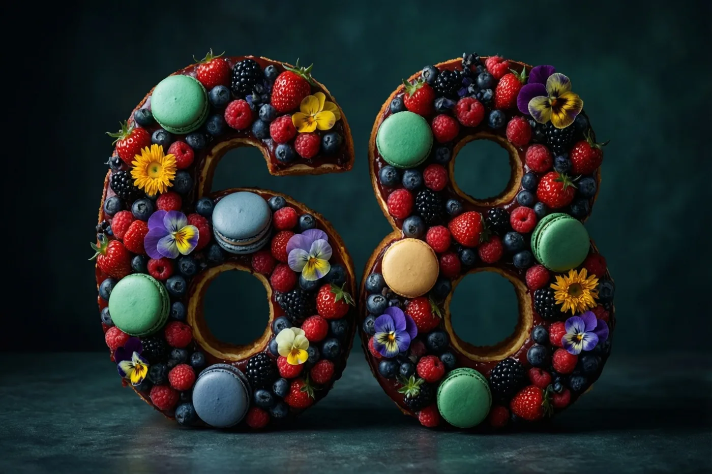 Een taart in de vorm van 68 met bessen, macarons en eetbare bloemen staat op een donkerblauwgroene ondergrond met een achtergrond in dezelfde kleur.