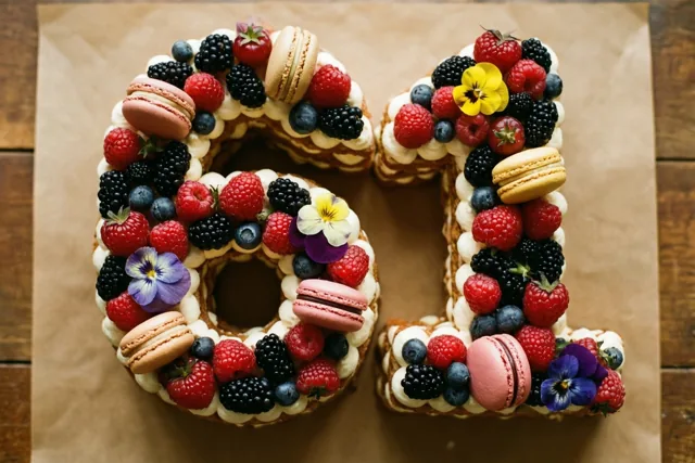 Een taart in de vorm van 61 ligt op bruin bakpapier op hout en is versierd met frambozen, bramen, blauwe bessen, macarons en eetbare bloemen.