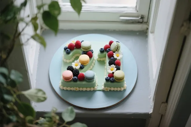 Een cijfertaart in de vorm van 21 met bessen, macarons en eetbare bloemen staat op een vensterbank, met groene bladeren op de voorgrond.