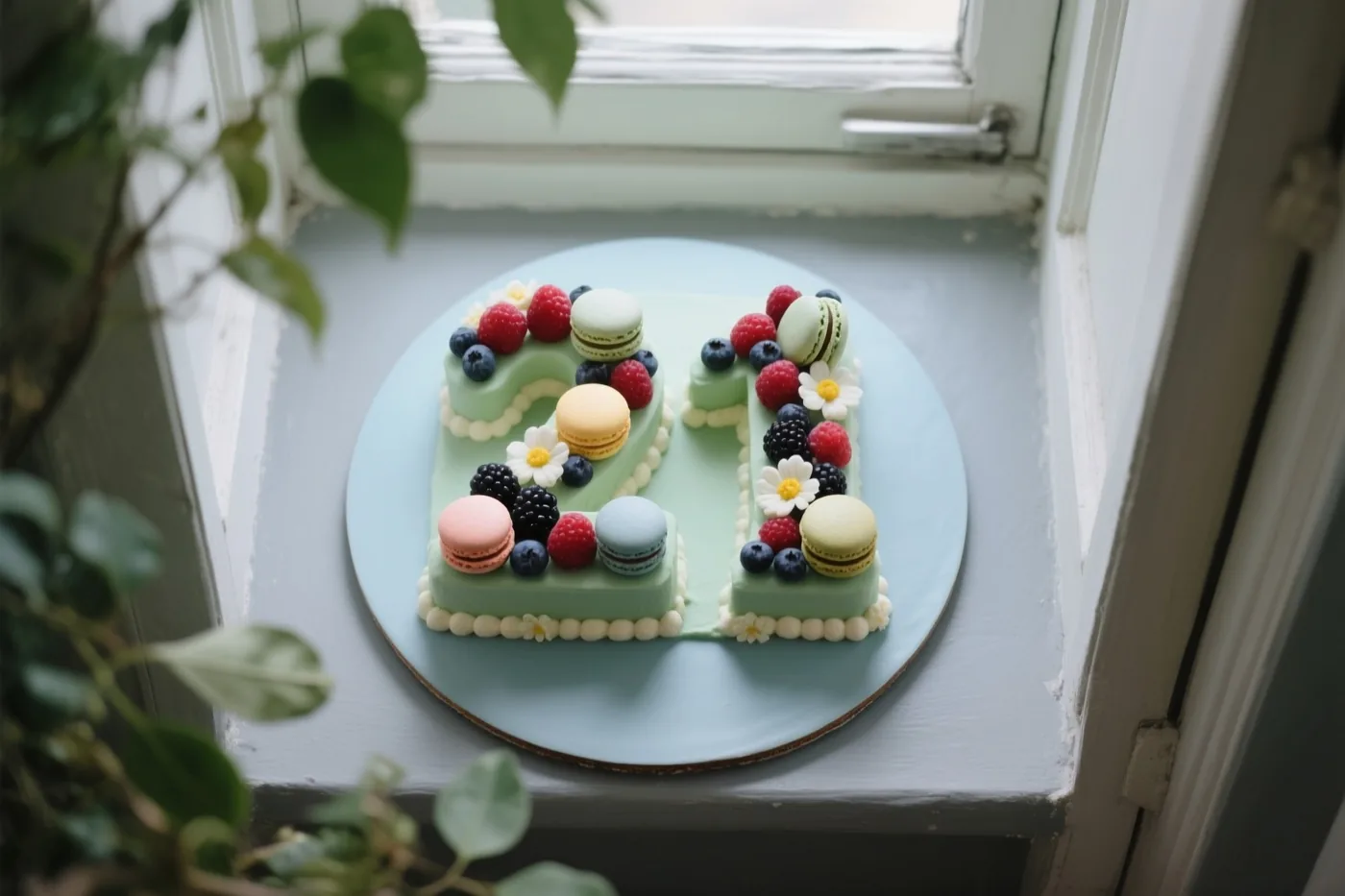 Een cijfertaart in de vorm van 21 met bessen, macarons en eetbare bloemen staat op een vensterbank, met groene bladeren op de voorgrond.