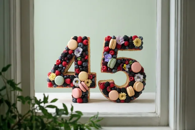 Een taart in de vorm van 45 met bessen, macarons en eetbare bloemen staat op een vensterbank voor een lichtgroene muur, met groen op de voorgrond.