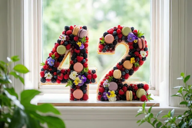 Twee grote taartcijfers vormen 42 op een vensterbank, met bessen, macarons en eetbare bloemen als versiering en groen op de voorgrond.