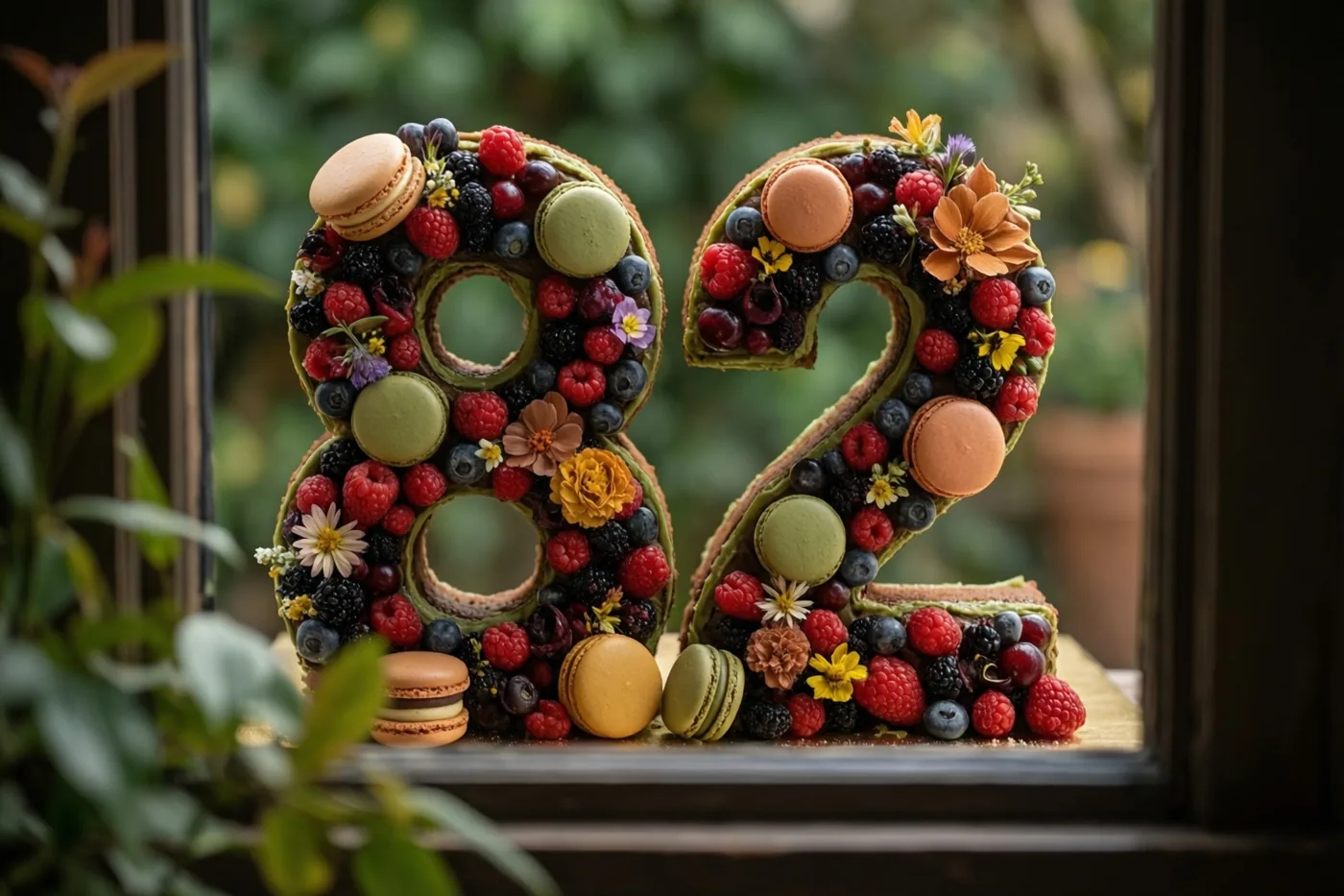 Op een vensterbank staat een taart in de vorm van 82 met bessen, macarons en eetbare bloemen, met groen op de achtergrond.