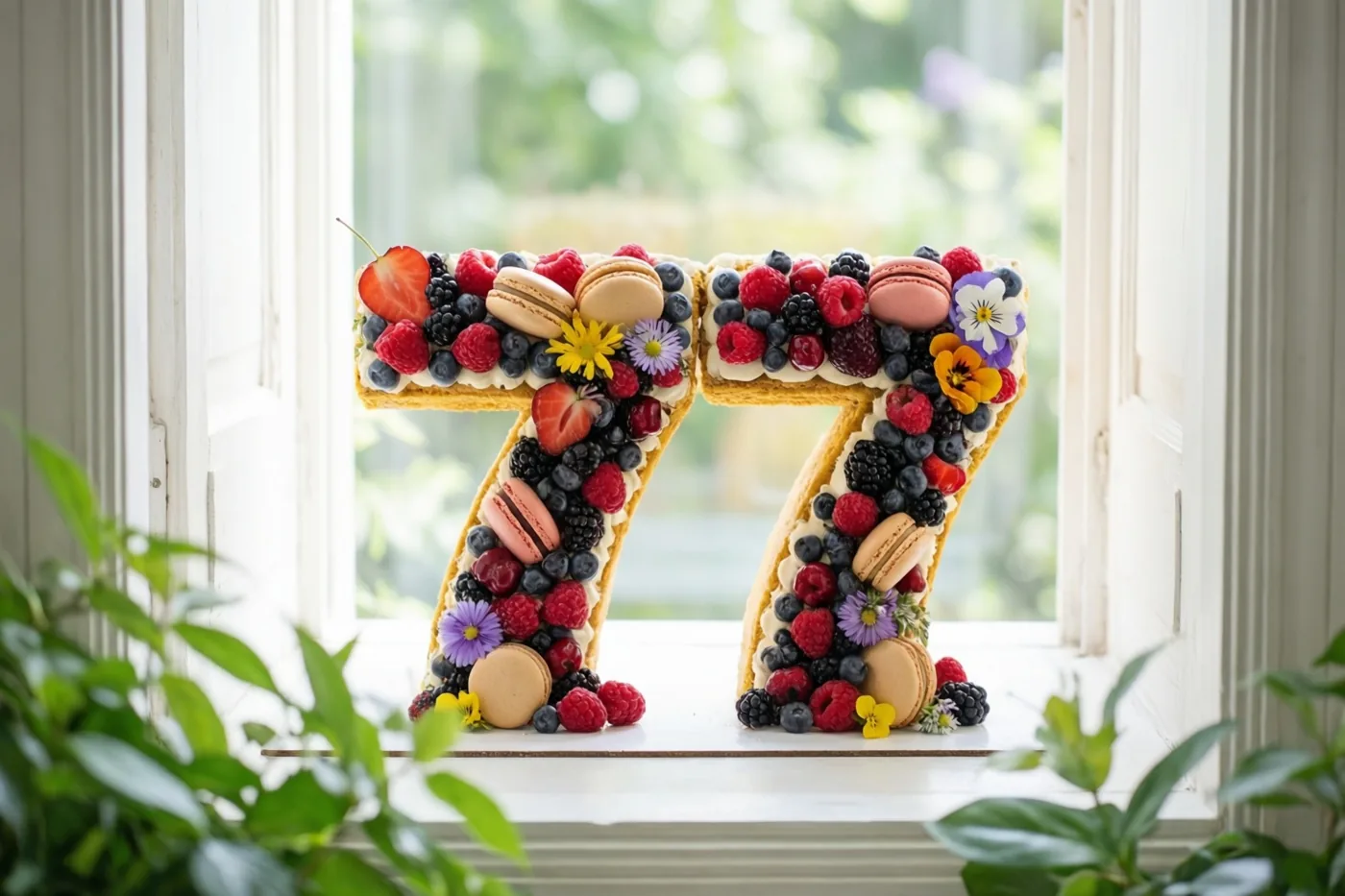 Een taart in de vorm van 77 met bessen, macarons en eetbare bloemen staat op een vensterbank, met groen op de voorgrond en achtergrond.